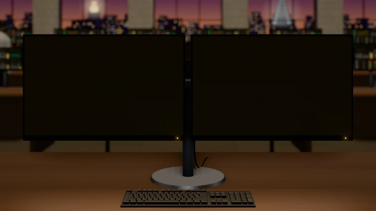 An analyst's desk on a Midtown trading floor at dusk: two monitors, benches of screens beyond, and the lit crowns of the Empire State and Chrysler buildings through tall steel windows.